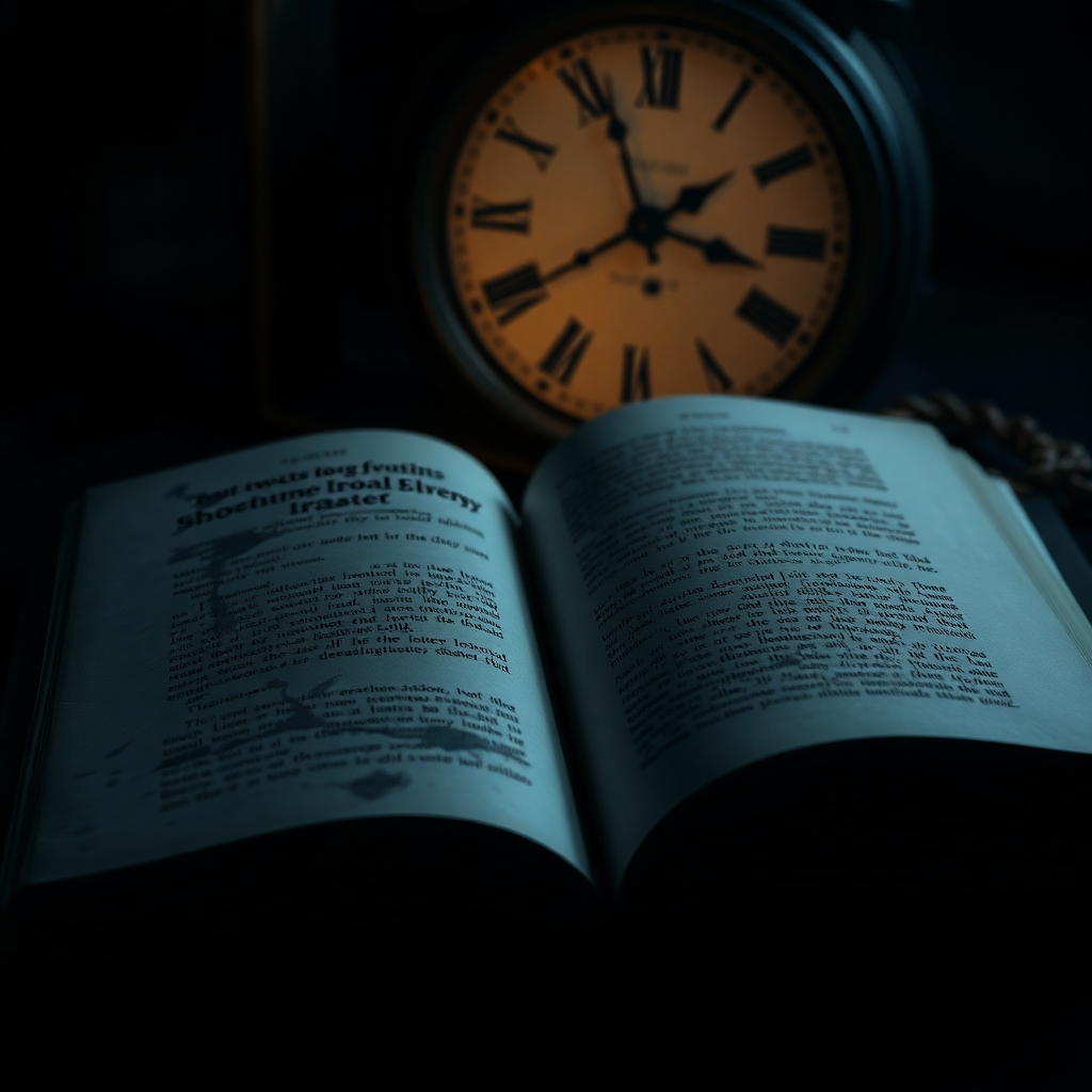 Create a photorealistic image showcasing an open book with the last page revealing a shocking plot twist. The environment should be dimly lit, with shadows creeping in from the edges. Use a color palette focusing on blacks and midnight blues, creating an air of suspense. A close-up of the pages should show part of the unfolding drama, with ink smudges giving an organic feel. Include a background element of an old clock, symbolizing time running out, thus adding intensity. This image should resonate with the essence of dark thrillers, produced in high quality.