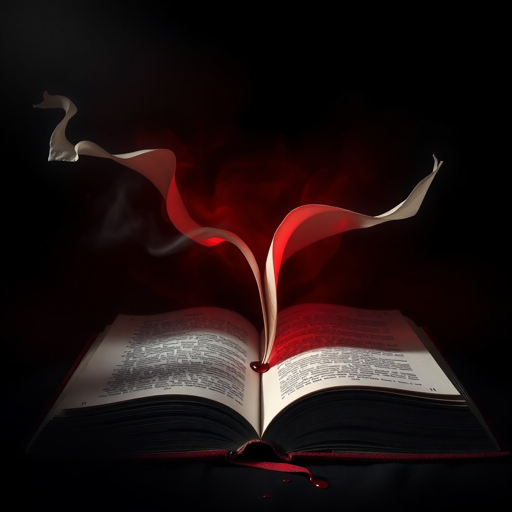 Create an image depicting an open book surrounded by ominous shadows, with pages fluttering as if caught in a tempest. The lighting should highlight the pages, contrasting against the dark surroundings, emphasizing the turmoil of fear. Use a color palette of dark grays and deep reds to evoke emotional weight. Elements like a droplet of ink trickling down can symbolize the turmoil within a story. Focus on intricate details for a dramatic effect, producing a high-quality visual that aligns with dark thriller themes.