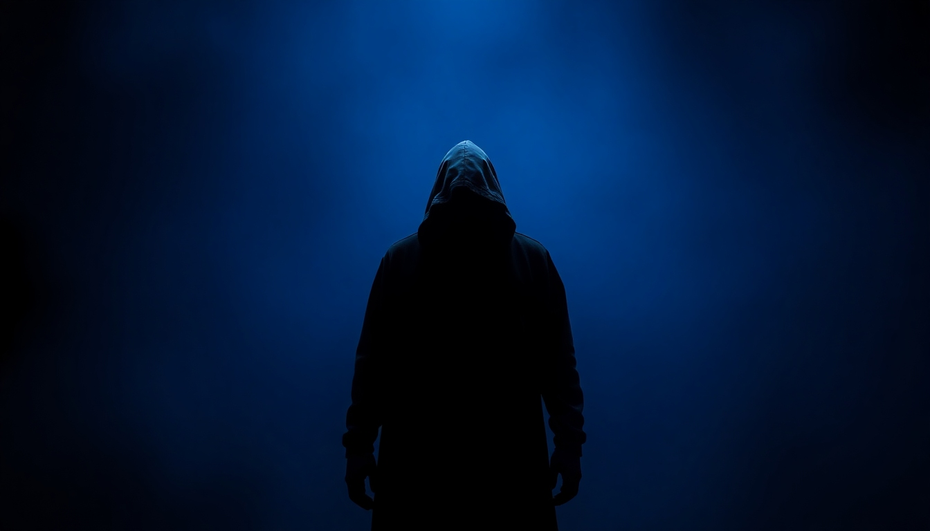 Create a photorealistic, ultra-high-quality header image representing 'Leeboy'. The composition should feature a shadowy figure standing at the edge of a misty forest, illuminated by a sliver of moonlight. Use deep blues and blacks to evoke a sense of mystery and tension. The camera angle should be slightly angled from below to create an imposing presence. Textures of bark, leaves, and mist should be rich and detailed. Include subtle lighting beams cutting through the trees, creating dramatic contrasts. This scene symbolizes the heart of dark thrillers with a backdrop reminiscent of classic noir films. Aim for 8K resolution and hyperrealistic quality.