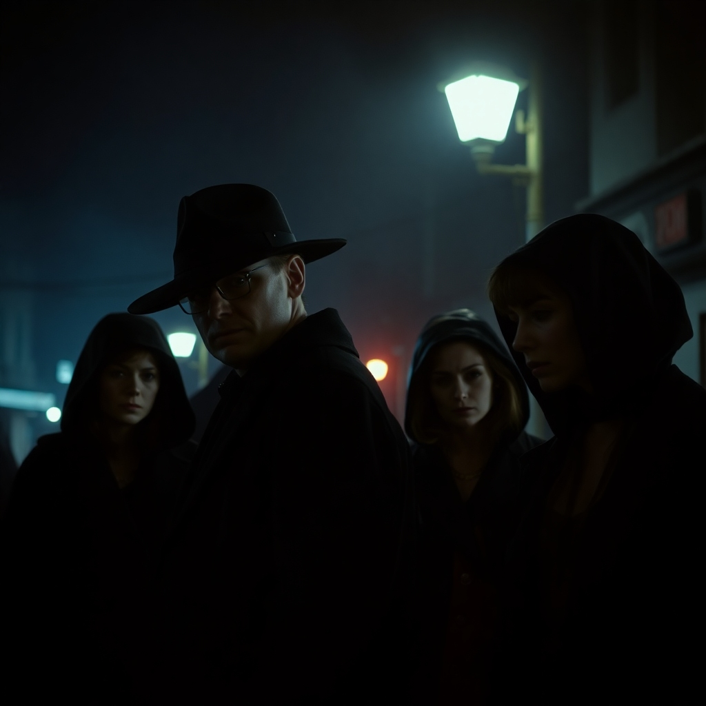 Depict a group of shadowy, ambiguous characters, standing just out of focus under dim street lights. The atmosphere should becharged with tension, colors intertwining dark blues, and grays to reflect their ambiguous morality. Capture the subtle details in their expressions and costumes to suggest backstories. Small props like a forgotten token in the background may hint at their connections. The focus should be on creating a captivating, high-quality image that resonates with the essence of dark thrillers.