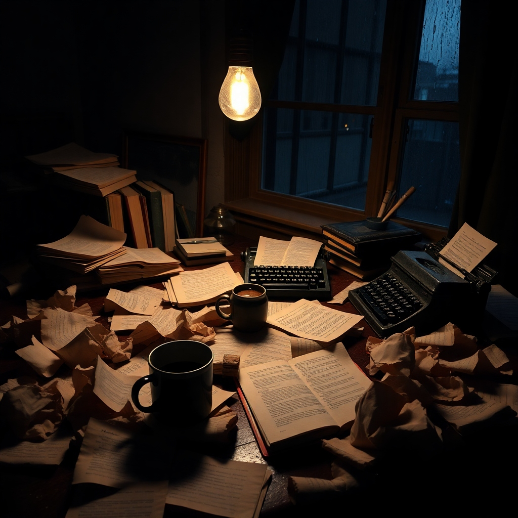 Depict a photorealistic image of an author’s desk scattered with crumpled pages and dramatic shadows. The lighting should be low, with a single overhead bulb casting a warm but eerie glow. The color palette should be deep browns and blacks, enhancing the sense of a creative struggle. Include elements like a coffee cup, a dusty typewriter, and a window showing a rainy night outside. The textures should be finely detailed, capturing the chaotic yet creative environment of a thriller writer. Aim for a high-quality image to reflect the theme.