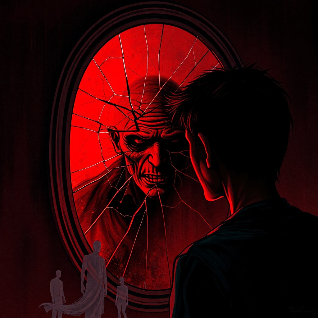 Illustrate a dark, surreal image where a figure stares into a cracked mirror, their reflection revealing a twisted, shadowy version of themselves. The lighting should be stark, creating harsh contrasts, with deep reds and blacks dominating the color palette. Include dramatic textures to emphasize the cracked glass and the eerie expression of the figure. Surrounding the scene, ghostly silhouettes and abstract shapes should add to the psychological intensity. Ensure this captures the psychological themes of dark thrillers with high-quality detail.