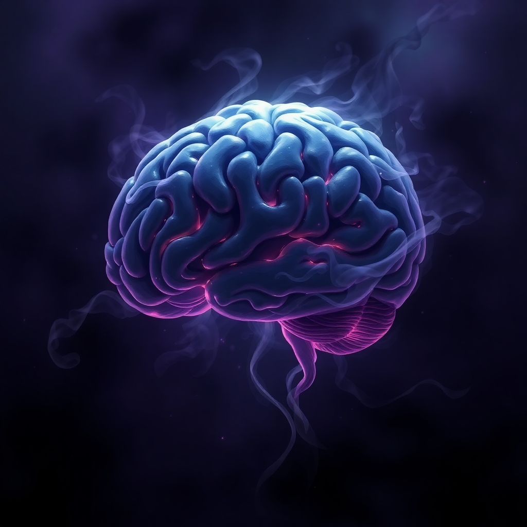 Illustrate an abstract representation of the human brain engulfed in shadows and tendrils of fog, symbolizing the complexity of dark thoughts. The lighting should be ethereal, with soft luminescence highlighting certain areas amidst deep darkness. The color palette needs to encompass deep purples and blacks. Focus on the intricate textures of the brain and fog to evoke feelings of depth and mystery. This should be presented in high quality to invoke the essence of psychological depth found in dark thrillers.