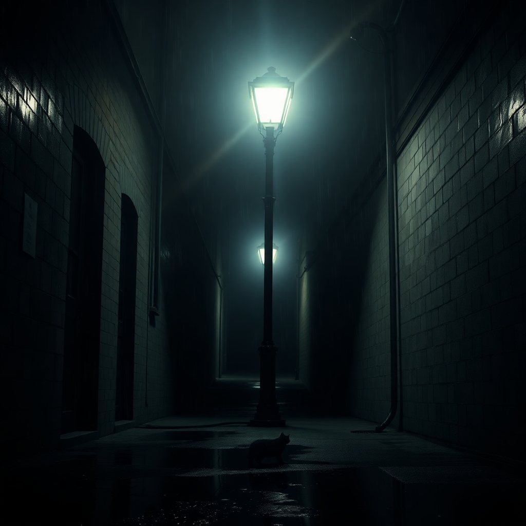 Visualize a dark alley with a single flickering street lamp, creating a center of focus amidst encroaching shadows. The atmosphere should be tense, employing a high contrast between light and darkness. Capture the reflections on puddles, suggesting the rain-soaked environment. The color palette should include shades of gray, blue, and black, enhancing the ominous feel. Relevant props like a lurking silhouette or a stray cat can heighten the suspense. Use intricate details for a hyperrealistic effect, ensuring the image draws the viewer into the world of dark thrillers.