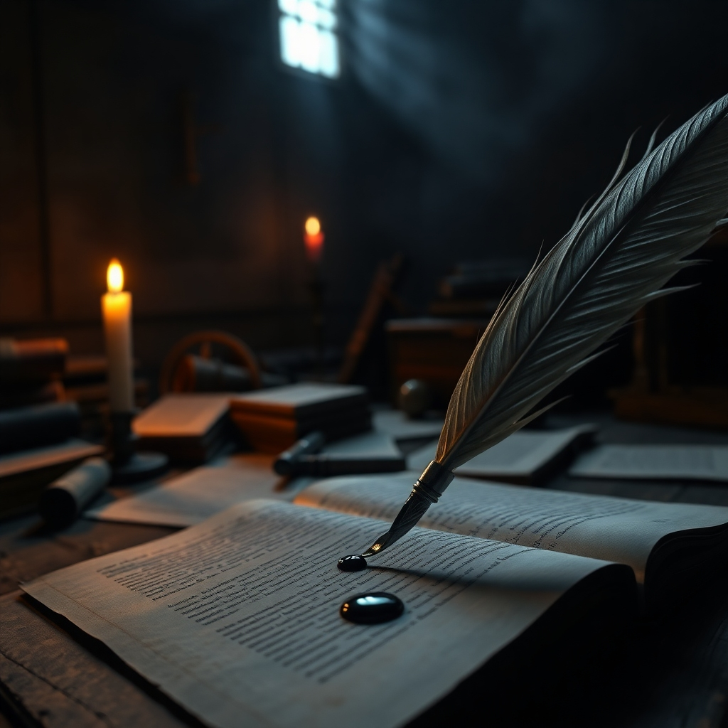 Visualize a photorealistic image that encapsulates the essence of 'Dark thrillers'. The scene should depict a dimly lit room filled with scattered manuscripts and a flickering candle casting eerie shadows on the walls. The color palette should be dark and moody with hints of amber light. Focus on a close-up of a dramatic quill pen poised over a manuscript, with ink drops suggesting urgency. The atmosphere should be rich with textures of aged paper and worn wood. Style references can draw inspiration from gothic literature. Create this scene in high 4K resolution, ensuring vivid detail.